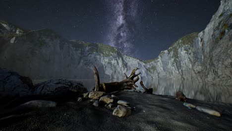 hyperlapse-of-night-starry-sky-with-mountain-and-ocean-beach-in-Lofoten-Norway